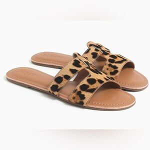 J Crew Leopard Slide on Sandals Calf Hair Beachside